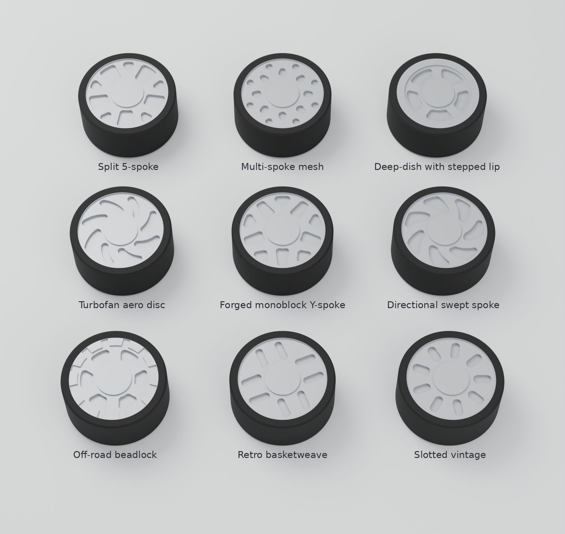 All nine easy-print wheel styles for a 0.4 nozzle, labelled with their style names