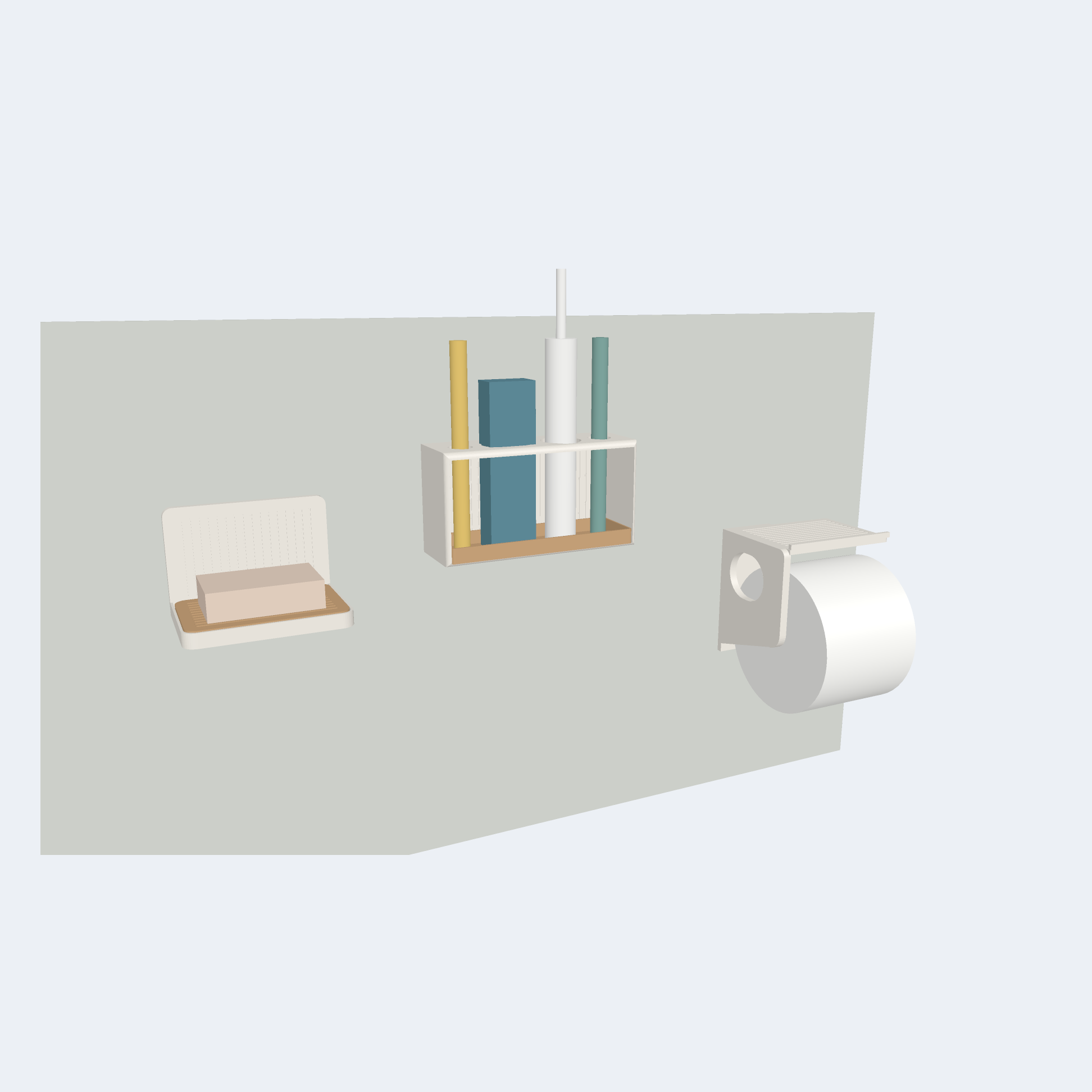Minimal Bathroom Set: Soap Dishes, Toothbrush Racks and Toilet Paper Holders, Interchangeable Mounts, No Supports