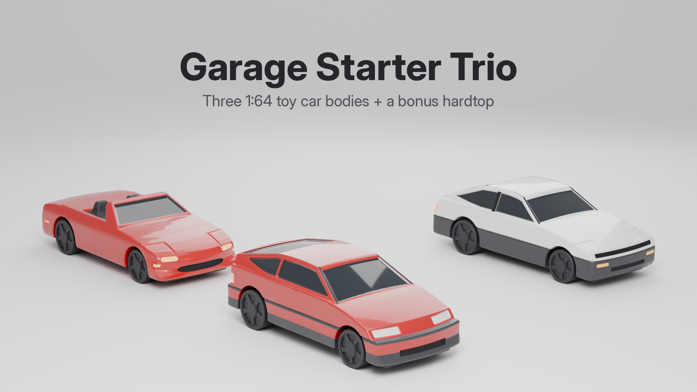 Garage Starter Trio 1:64: the Hatch Coupe in red at the front, the Pocket Roadster in red on the left and the Pop-Up Coupe in white on the right, all on classic 5-spoke wheels
