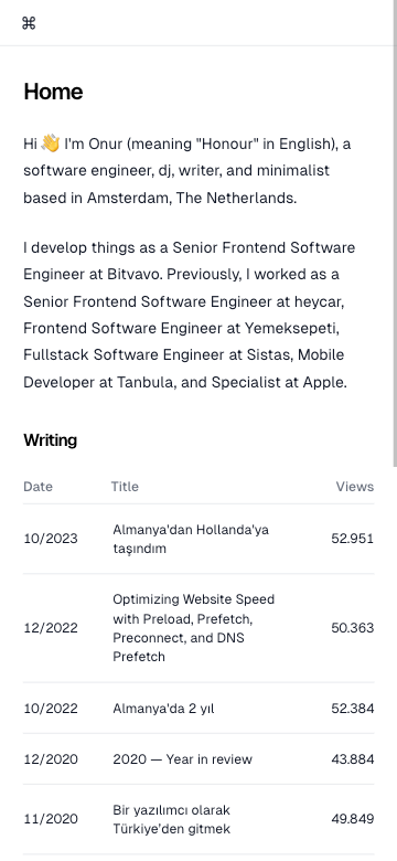 onur.dev 移动端首页