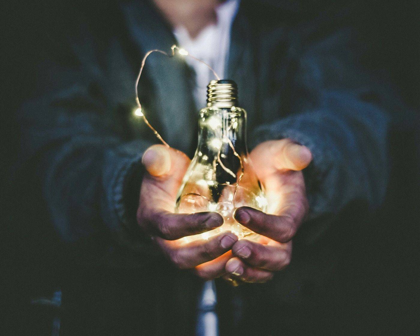 Hands holding a light bulb.