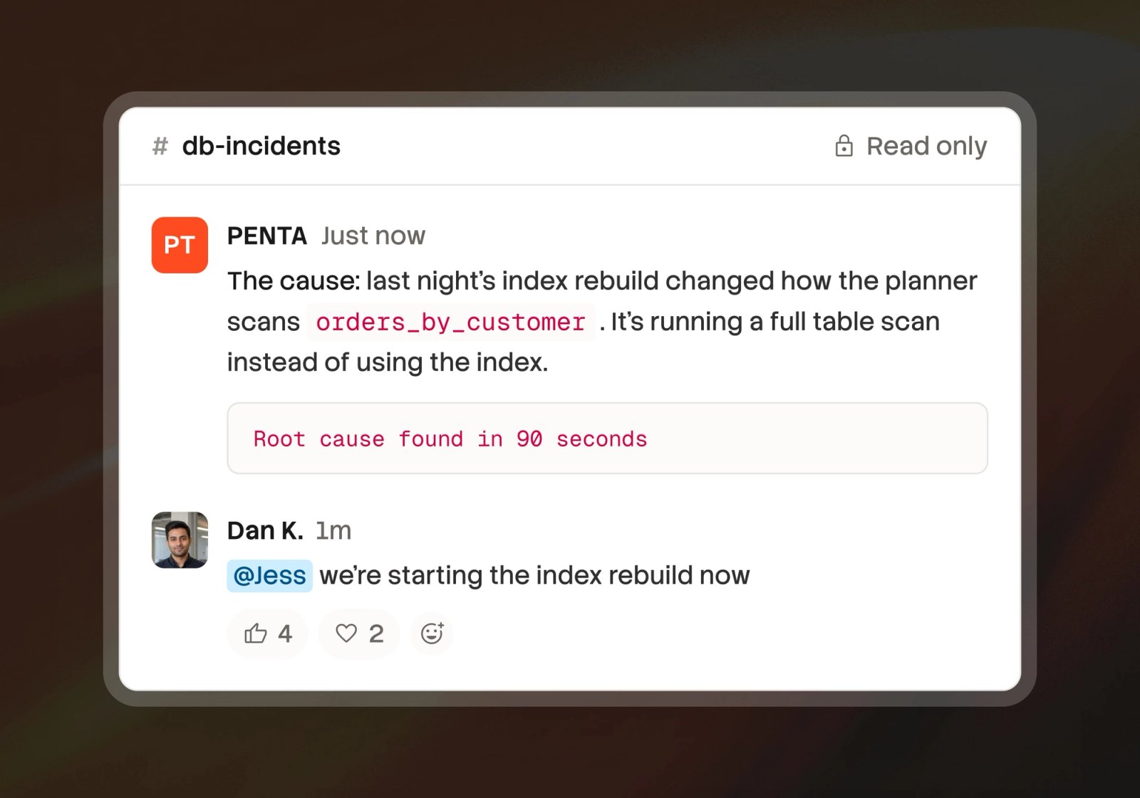 PENTA incident channel message showing root cause found in 90 seconds
