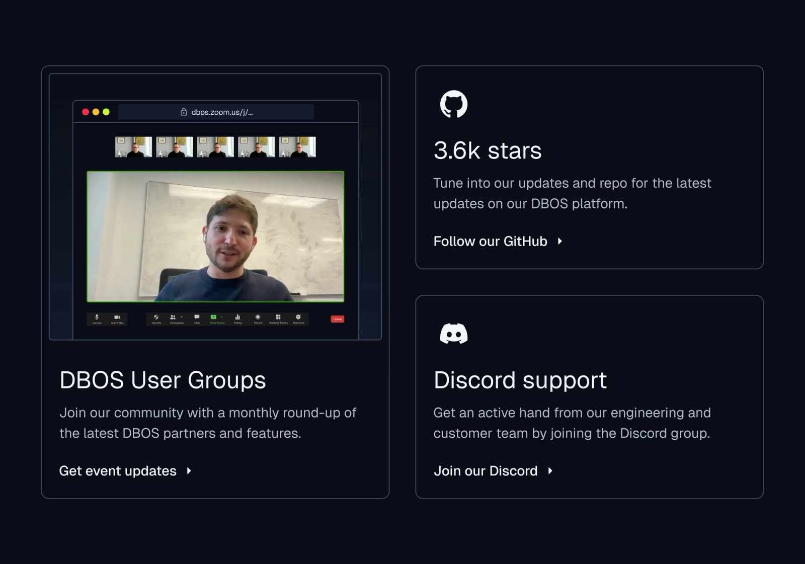 DBOS community section with GitHub stars and Discord support