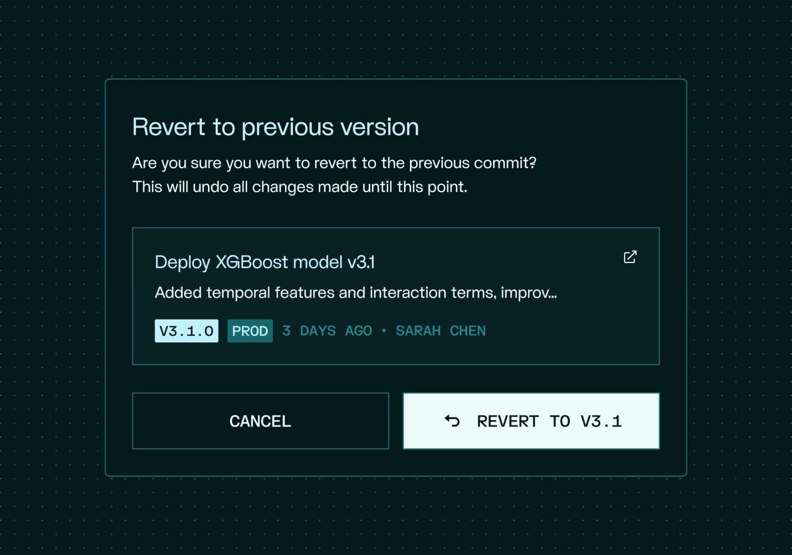 Xorq revert-to-previous-version confirmation dialog