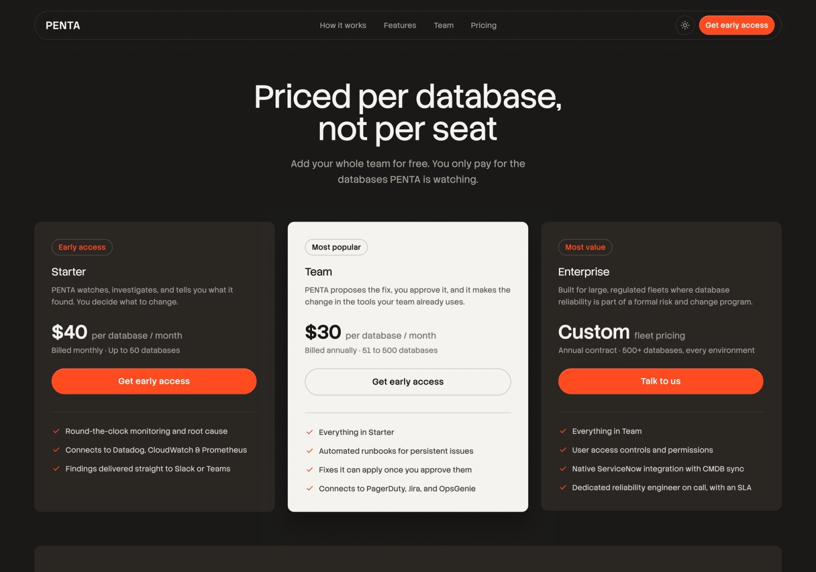 PENTA pricing page with Starter, Team, and Enterprise tiers