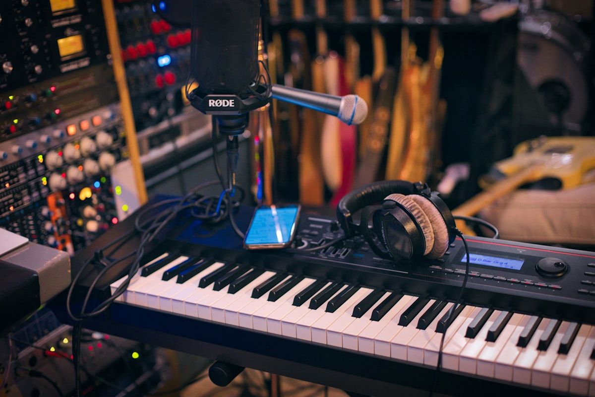 A music production workspace and audio interface.