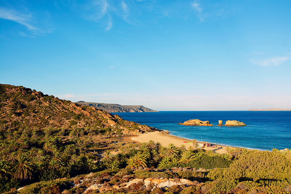 Palm-lined beach with blue ocean and rocky islets.