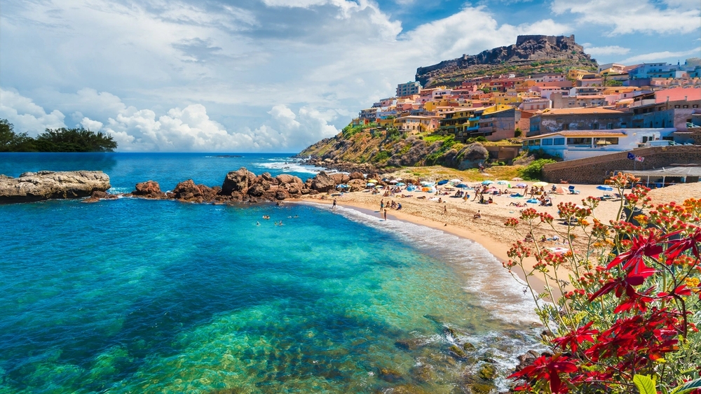 Colorful town and fortress on a hill overlooking a busy turquoise beach, with red flowers in the foreground.