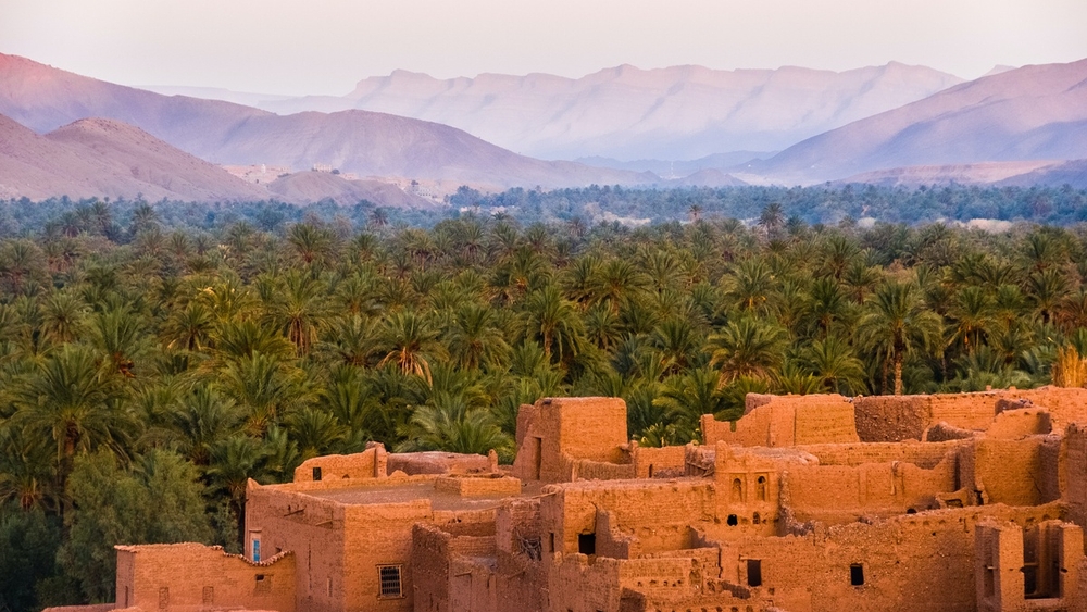 Traditional mud-brick village bordering a palm oasis, with hazy mountains in the distance.