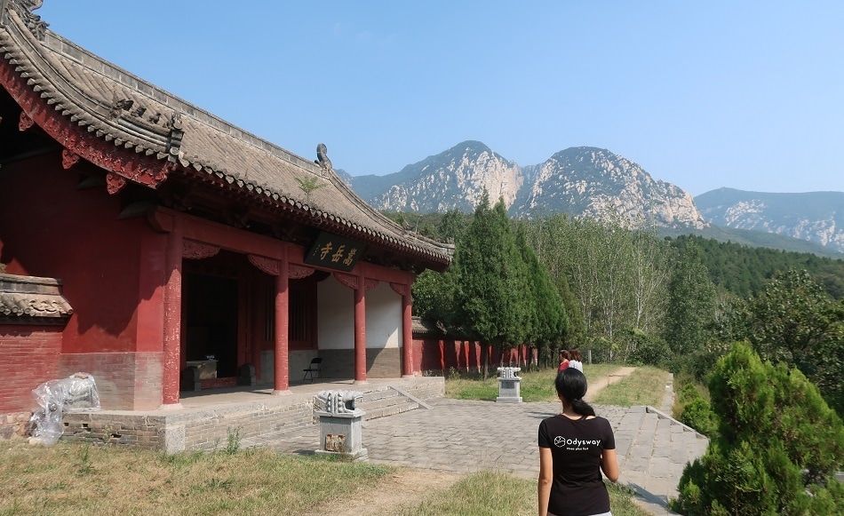 A person views a traditional red Chinese temple with a dark roof, set against a backdrop of forested mountains.