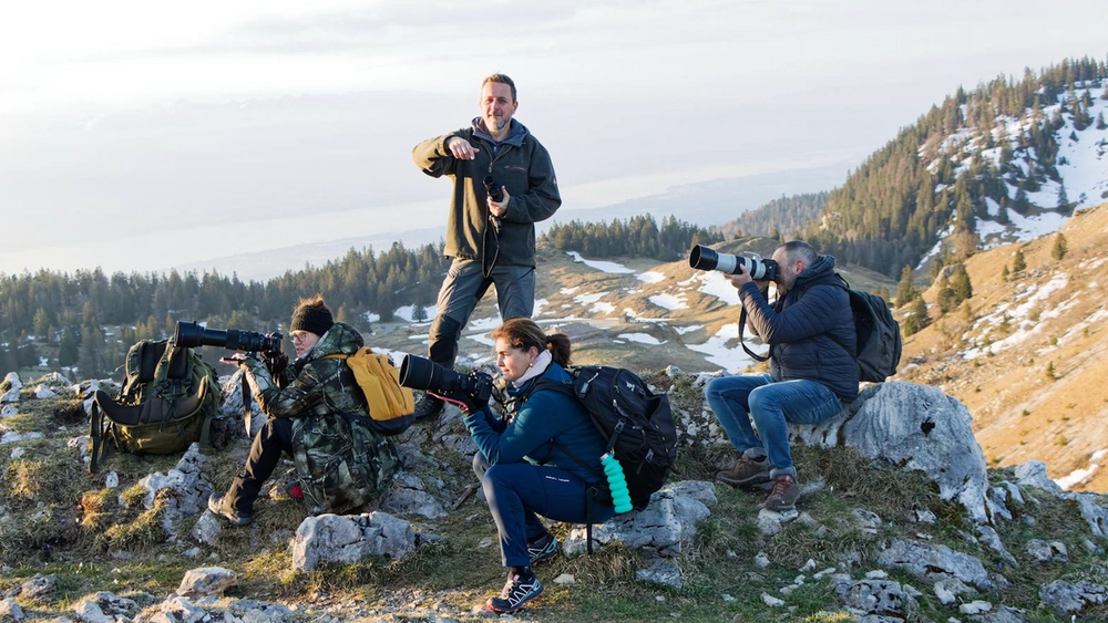 Four photographers with long lenses capturing images in a mountainous landscape.