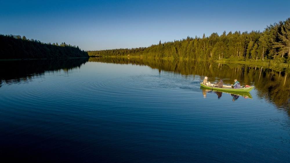 Three people in a green canoe on a calm lake bordered by a forest.