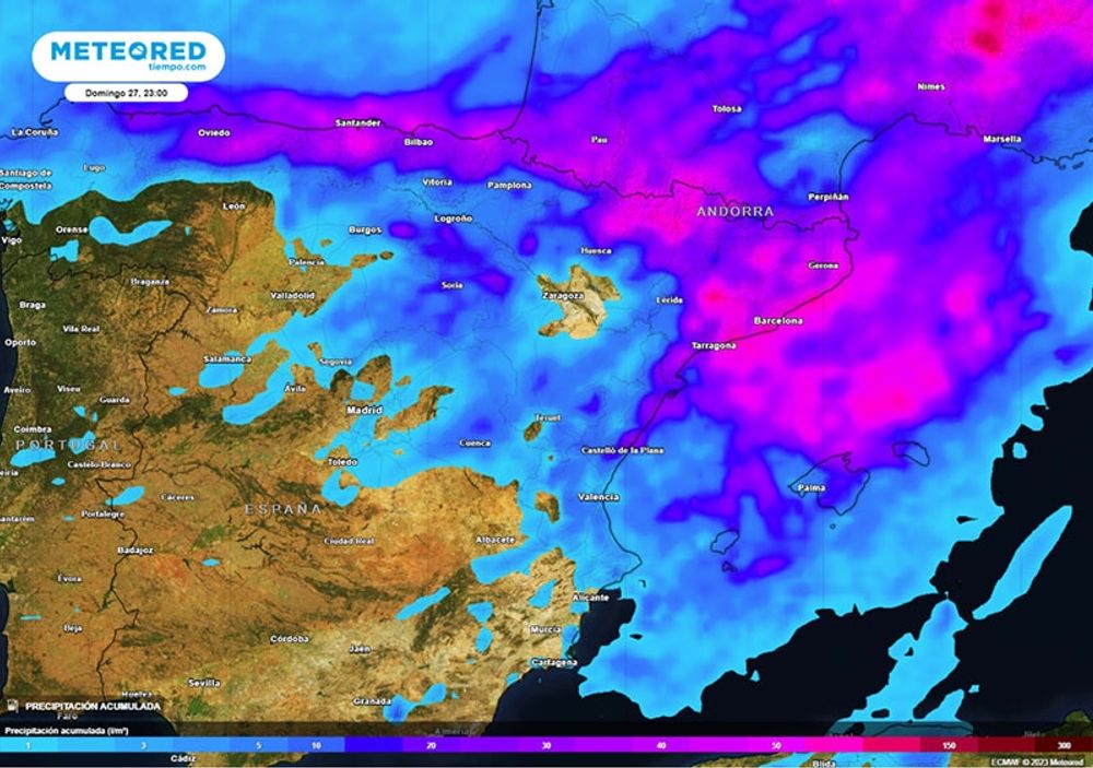 Sommarens fj&auml;rde v&auml;rmeb&ouml;lja trycks nu tillbaka av en polarfront som medf&ouml;r kraftigt fallande temperaturer och ymnig nederb&ouml;rd, fr&auml;mst i norra och mellersta Spanien. Karta: Meteored