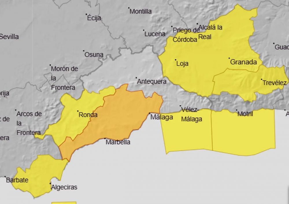Det v&auml;ntas upp till 100 millimeter regn under m&aring;ndagen v&auml;ster om M&aacute;laga stad. Karta: Aemet