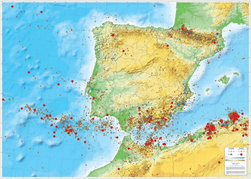 Kartan visar var det registrerats skalv med en styrka p&aring; mer &auml;n 3,0 p&aring; Richterskalan (gul cirkel), mer &auml;n 4,0 (orange cirkel) och mer &auml;n 5,0 (r&ouml;d cirkel). Just norr om Alhucemas vid Mar de Albor&aacute;n, finns en stor koncentration av kraftiga jordskalv.Foto: Foto: Instituto Geogr&aacute;fico Nacional