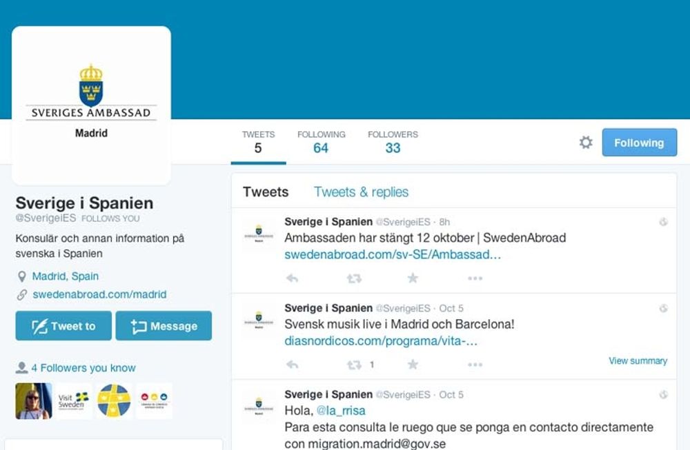 P&aring; @SverigeiES ger ambassaden bland annat evenemangstips.