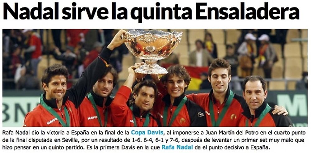 Den spanska tennisarmadan s&auml;krade 4 december sin femte Davis Cup-titel p&aring; elva &aring;r. Bilden &auml;r fr&aring;n sporttidningen Marcas hemsida.