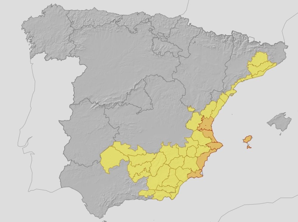 Ov&auml;dret Alice v&auml;ntas ge kraftigt regn &ouml;ver flera delar av Spanien, med st&ouml;rst p&aring;verkan i inlandet och vissa kustregioner fr&aring;n torsdag morgon. Karta: Aemet