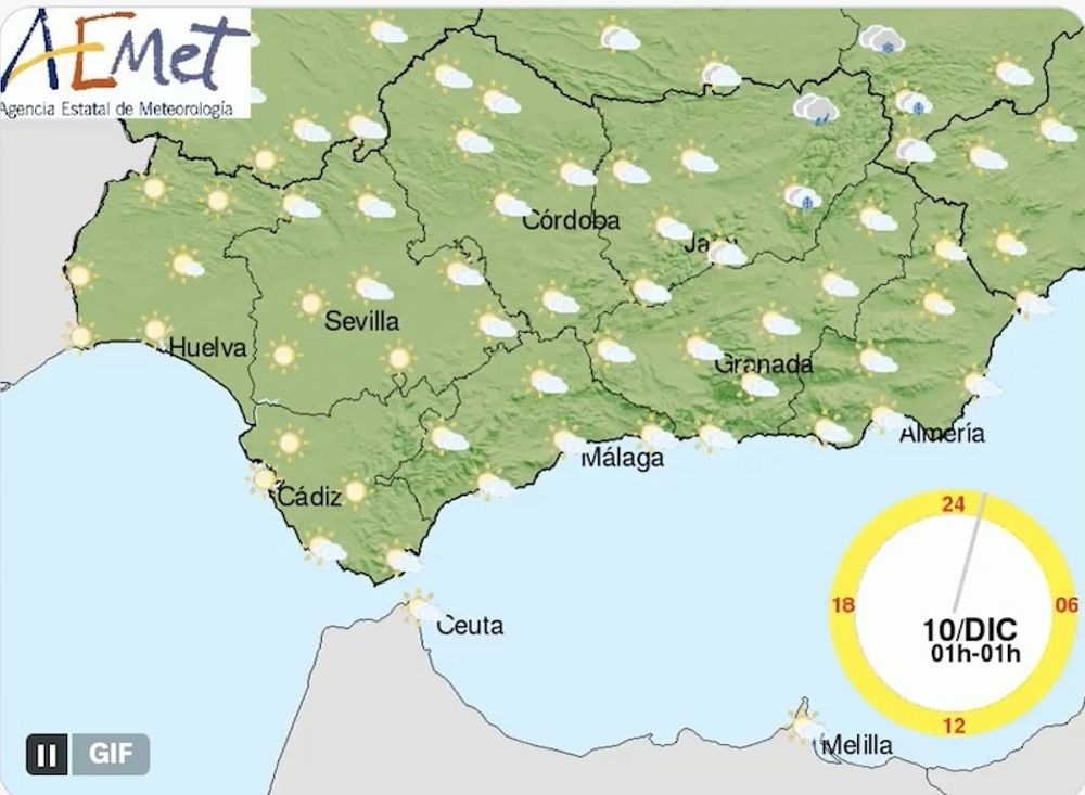 De l&auml;gsta temperaturerna v&auml;ntas tisdag den 10 december. Karta: Aemet