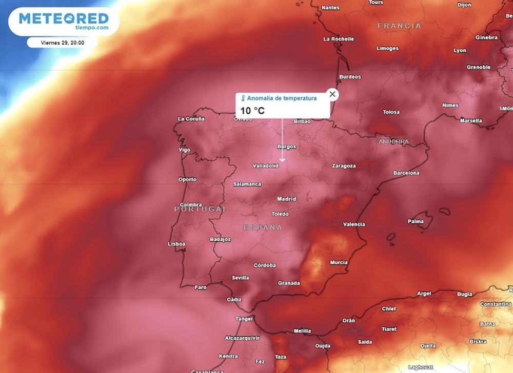 V&auml;derprognosen fr&aring;n Meteored sp&aring;r upp till tio grader varmare &auml;n normalt f&ouml;r s&auml;songen. Karta: Meteored