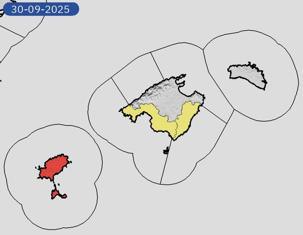 V&auml;derlekstj&auml;nsten har h&ouml;jt varningen till r&ouml;d niv&aring; och inv&aring;nare p&aring; Ibiza och Formentera har f&aring;tt n&ouml;dlarm i mobilen. Karta: AEMET