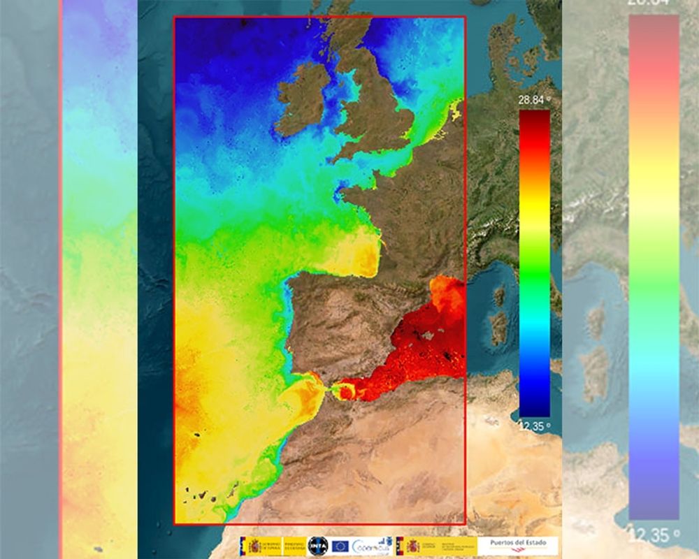 Det spanska n&auml;tverket av bojar har i sommar registrerat ett flertal temperaturrekord, b&aring;de i Medelhavet och Atlanten. Karta: Puertos del Estado