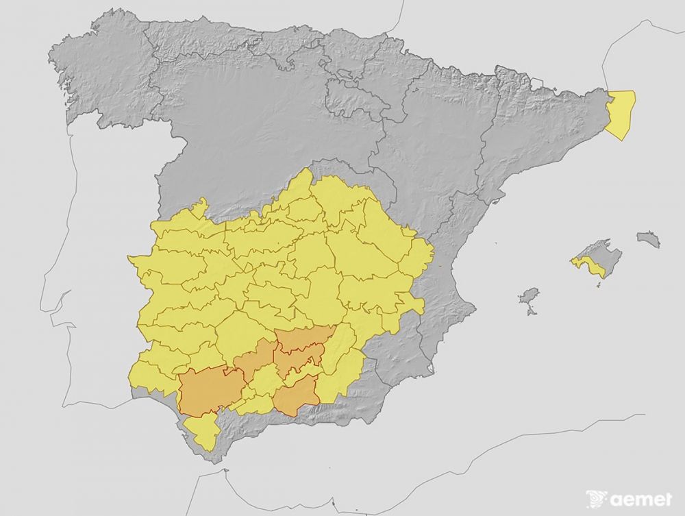 I Andalusiens inland utf&auml;rdas orange varning f&ouml;r h&ouml;ga temperaturer. Karta Aemet