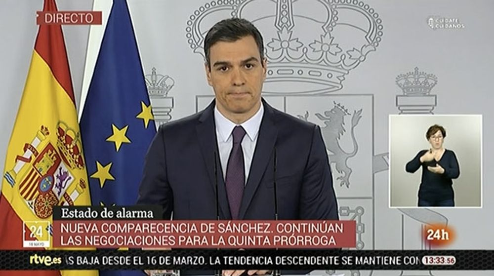 Pedro S&aacute;nchez kommer att ans&ouml;ka om en ny f&ouml;rl&auml;ngning av larmsituationen med en m&aring;nad, som f&ouml;rhoppningsvis blir den sista. Foto: RTVE