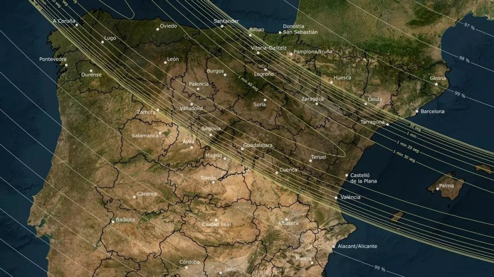 J&auml;mte Island och Gr&ouml;nland &auml;r Spanien det enda landet d&auml;r solf&ouml;rm&ouml;rkelsen n&auml;sta &aring;r kommer att kunna besk&aring;das i sin helhet. Karta: Instituto Geogr&aacute;fico Nacional