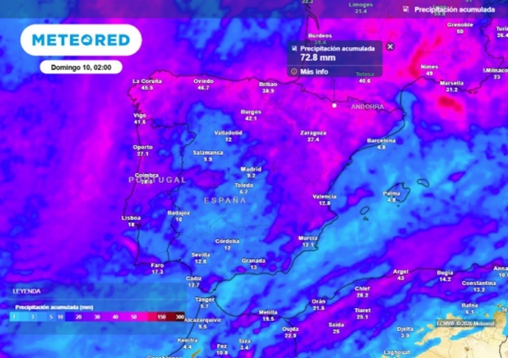 V&auml;deromslaget v&auml;ntas p&aring;verka b&aring;de fastlandet och &ouml;arna med sjunkande temperaturer och varierande nederb&ouml;rd. Karta: Meteored