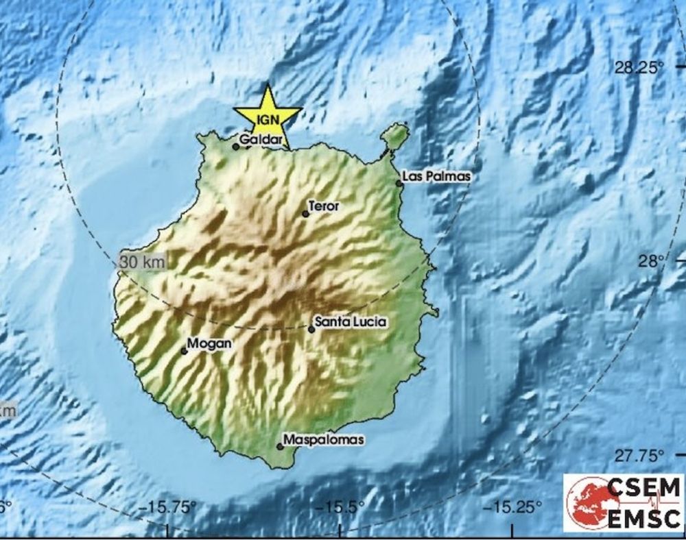 Markr&ouml;relsen intr&auml;ffade p&aring; 19 kilometers djup i jordskorpan, endast tre kilometer fr&aring;n Gran Canarias norra kust. Karta: EMSC