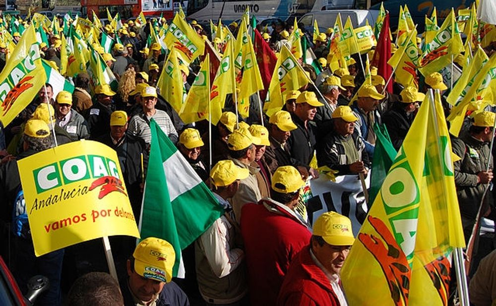 Lantbrukarna protesterar mot b&aring;de l&aring;ga ink&ouml;pspriser och h&ouml;jda kostnader med anledning av h&ouml;jningen av minimil&ouml;nen i Spanien. ARKIVBILD Foto: COAG/Wikimedia Commons