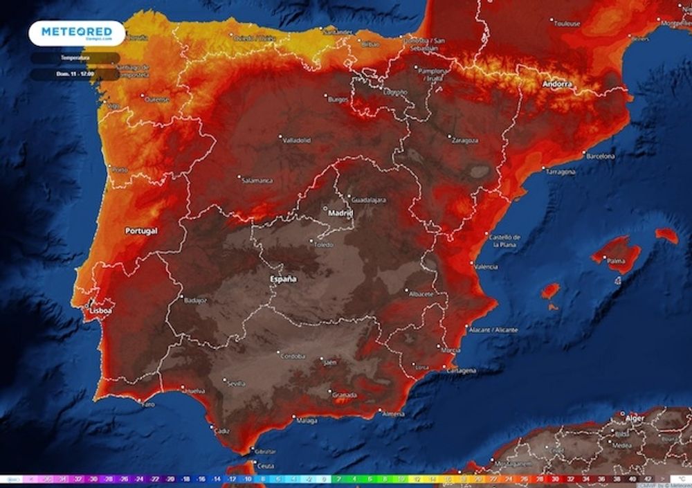 Den extrema hettan kommer att ber&ouml;ra i stort sett hela Spanien, till och med m&aring;ndag. Foto: Meteored