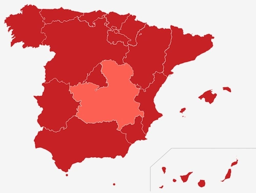 Med en frekvens p&aring; 429 fall &auml;r Castilla-La Mancha nu den enda autonoma regionen i hela Spanien som inte befinner sig i extrem smittrisk. Karta: RTVE
