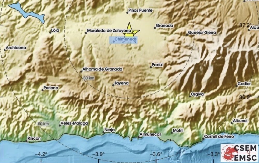 Seismisk aktivitet i s&ouml;dra delen av Spanien &auml;r mycket vanligt. Karta: EMSC