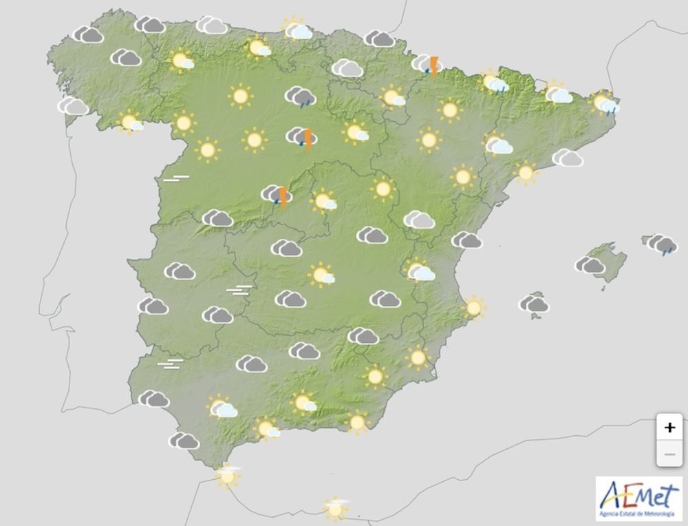 Temperaturen v&auml;ntas falla i stora delar av Spanien och f&ouml;ljas av h&aring;rd bl&aring;st samt nederb&ouml;rd, fr&auml;mst i norr och p&aring; Balearerna. Karta: Aemet