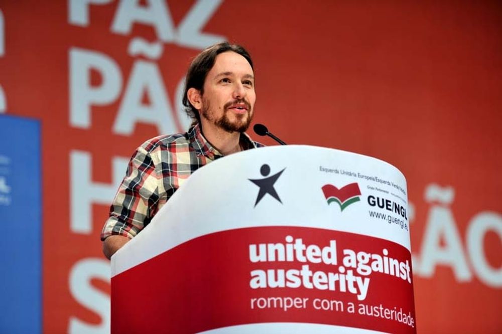 Den spanske missn&ouml;jesledaren Pablo Iglesias har i stor utstr&auml;ckning l&auml;nkat sitt parti Podemos framtid till Syrizas i Grekland. Foto: Bloco