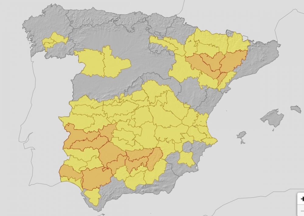 Den f&ouml;rsta officiella v&auml;rmeb&ouml;ljan i &aring;r i Spanien kommer fr&auml;mst att drabba s&ouml;dra delen av landet. Karta: Aemet