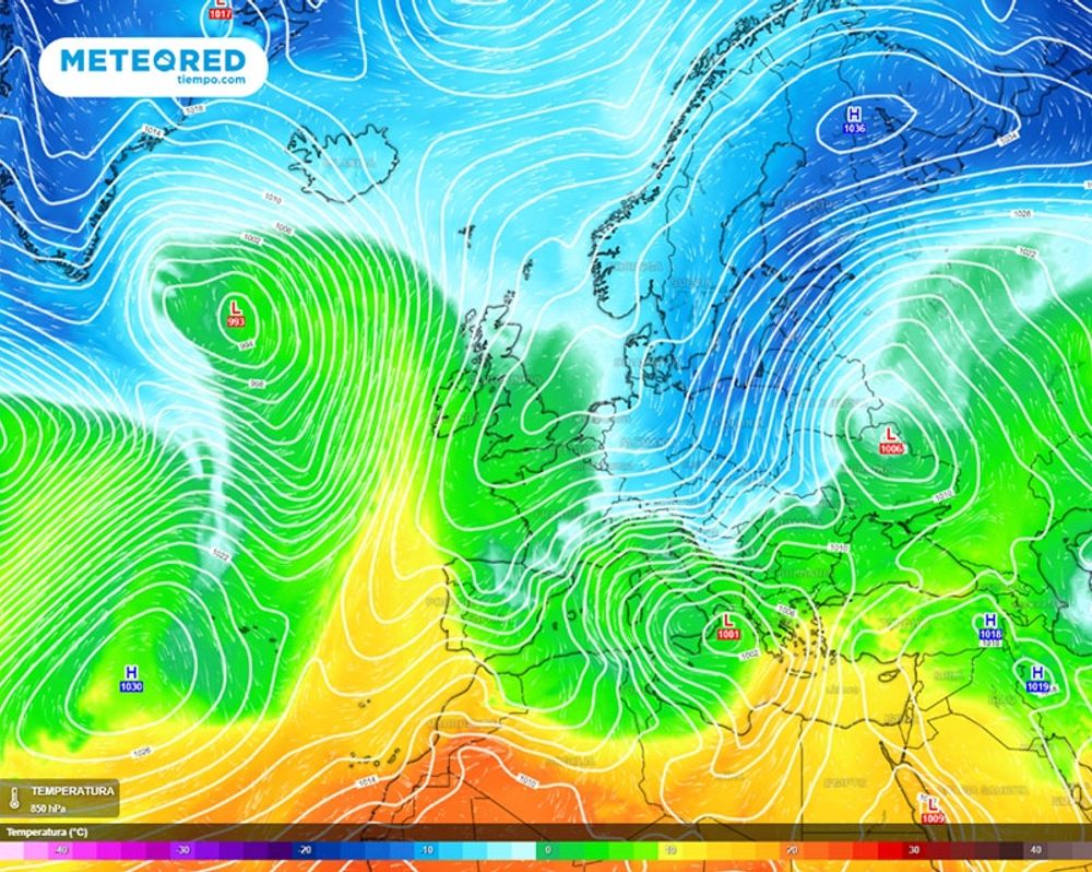 Ett v&auml;derfenomen i Skandinavien kan medf&ouml;ra regn i Spanien under p&aring;skhelgen. Karta: Meteored
