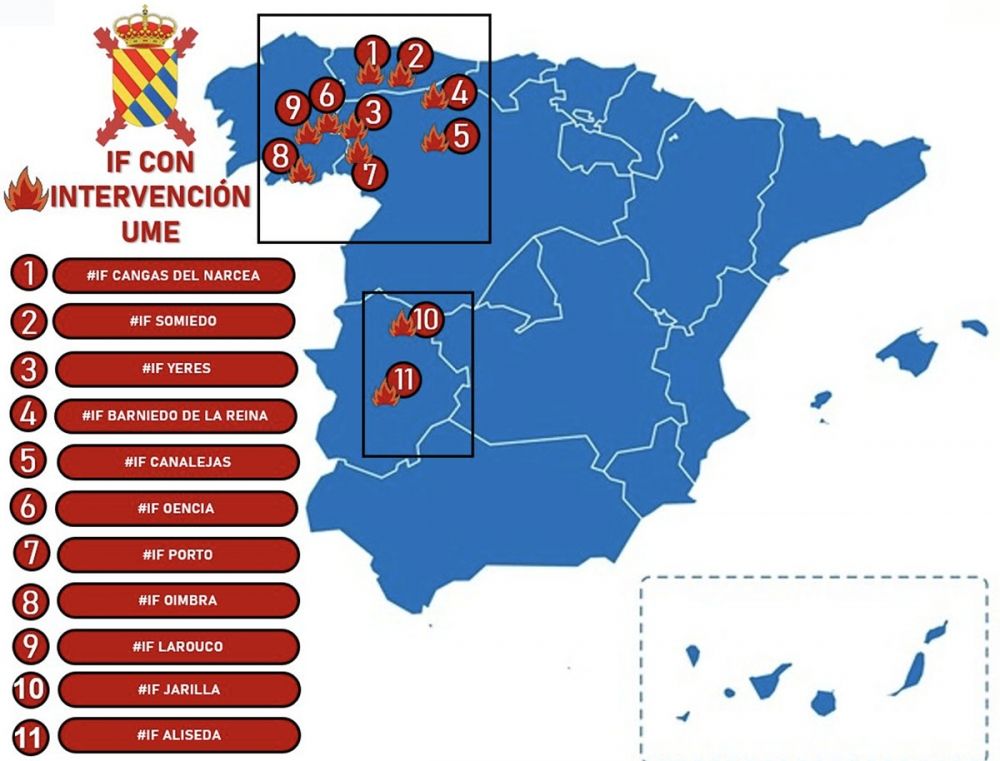 Br&auml;nderna &auml;r koncentrerade till v&auml;stra och nordv&auml;stra delen av Spanien. Karta: @UMEgob/X
