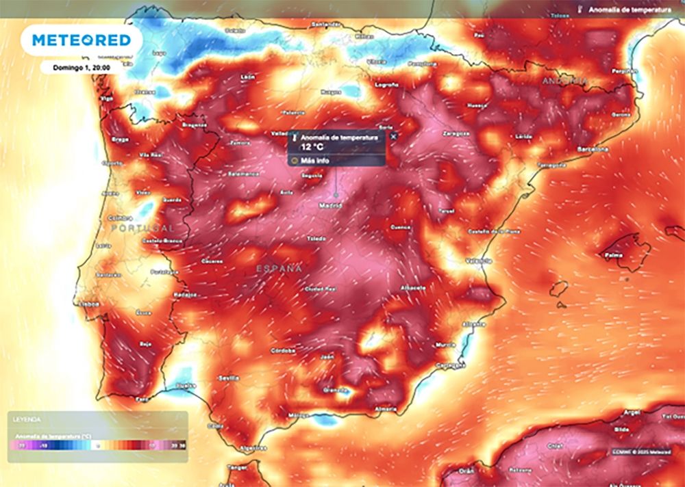 Det kan p&aring; sina h&aring;ll i Spanien bli tolv grader varmare &auml;n normalt f&ouml;r juni. Karta: Meteored