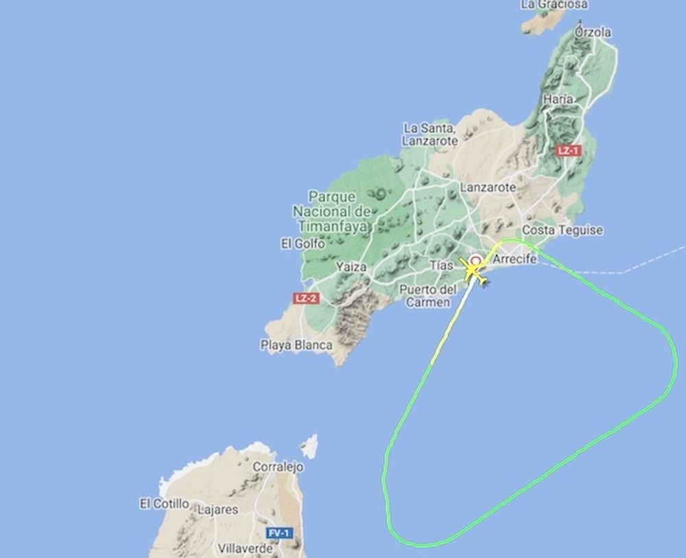 Planet v&auml;nde omedelbart efter start fr&aring;n Arrecifes flygplats och landade utan &ouml;vriga incidenter. Bild: flightradar24.com