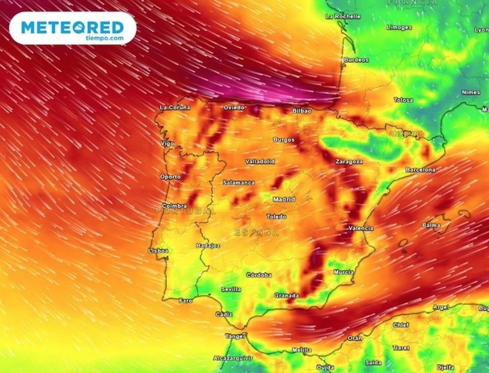 Vinterstormarna G&eacute;rard och Fien har sammanfallit denna vecka i Spanien. Karta: Meteored