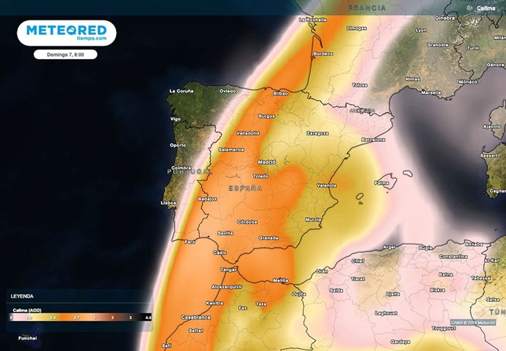 Bara n&aring;gra veckor efter det senaste sandfenomenet sp&aring;s &aring;ter omfattande &rdquo;calima&rdquo; b&aring;de i Spanien och stora delar av v&auml;stra Europa. Karta: Meteored