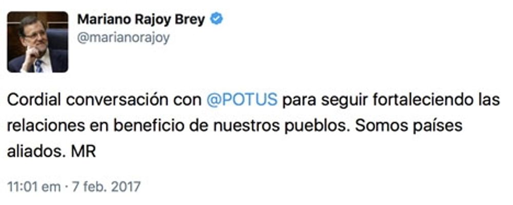 N&auml;r cupmatchen v&auml;l var &ouml;ver publicerade Rajoy denna tweet, d&auml;r han betonar att Spanien och USA &auml;r allierade.