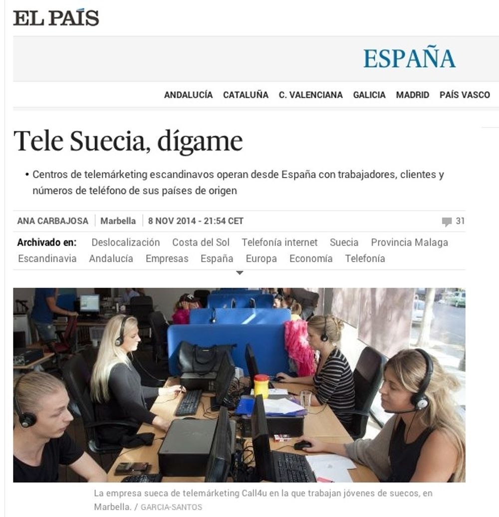 El Pa&iacute;s uppm&auml;rksammar den svenska telemarketingboomen i Spanien.