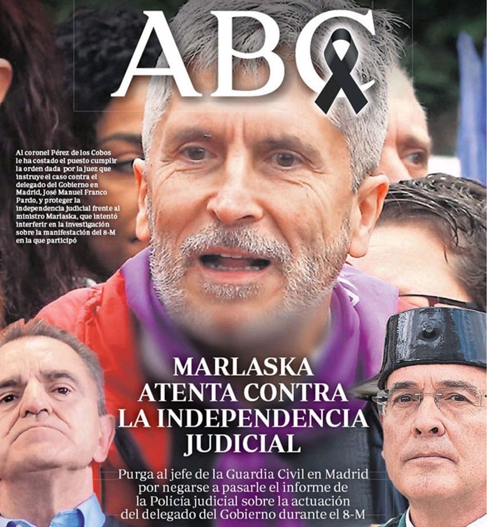 Omslag av tidningen ABC 26 maj, d&auml;r inrikesministern uppges genomf&ouml;ra ett "attentat mot r&auml;ttsv&auml;sendets oberoende" samt f&ouml;r "utrensningar" inom Guardia Civil.
