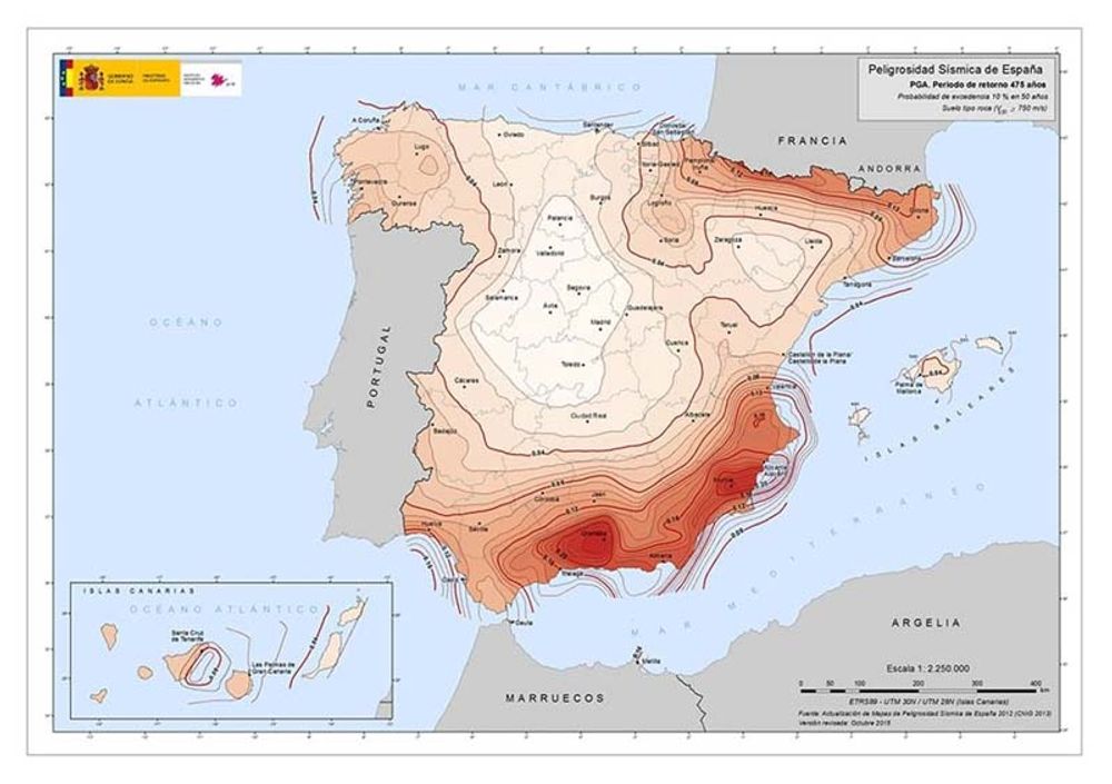 Kartan visar att jordb&auml;vningsrisken &auml;r som st&ouml;rst i syd&ouml;stra Spanien.