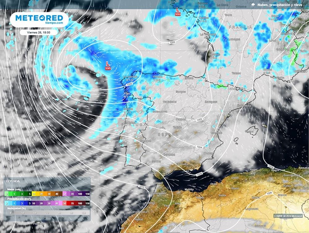 Stora delar av Spanien f&aring;r arktiskt v&auml;der n&auml;r vi n&auml;stan har n&aring;tt maj m&aring;nad. Karta: Meteored