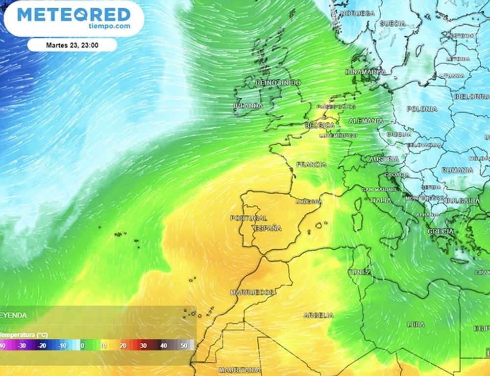 Spanien g&aring;r p&aring; bara n&aring;gra dagar fr&aring;n sn&ouml;ov&auml;der p&aring; vissa h&aring;ll till maximitemperaturer p&aring; upp till 25 grader. Karta: Meteored